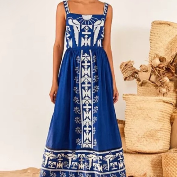 FARM RIO ANTHROPOLOGIE NWOT MACAW EMBROIDERED MAXI BLUE DRESS XS - Picture 8 of 16